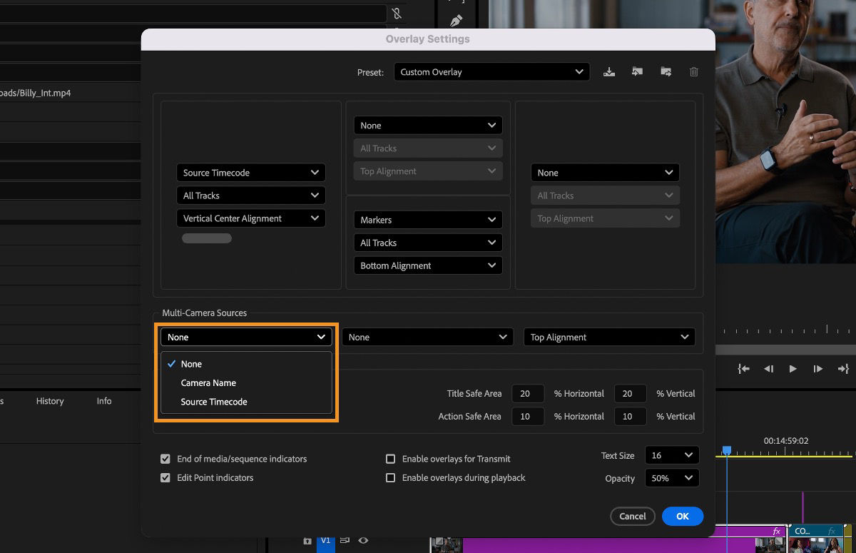 Overlay Settings dialog box showing Multi-Camera Sources dropdown with options None, Camera Name, and Source Timecode.