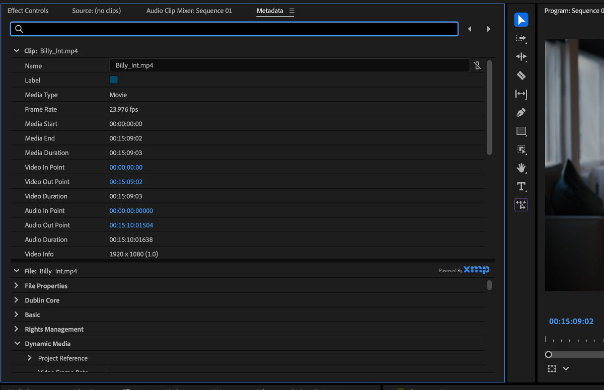Search field in the Metadata panel is open and the filtering metadata fields for the selected clip are visible.