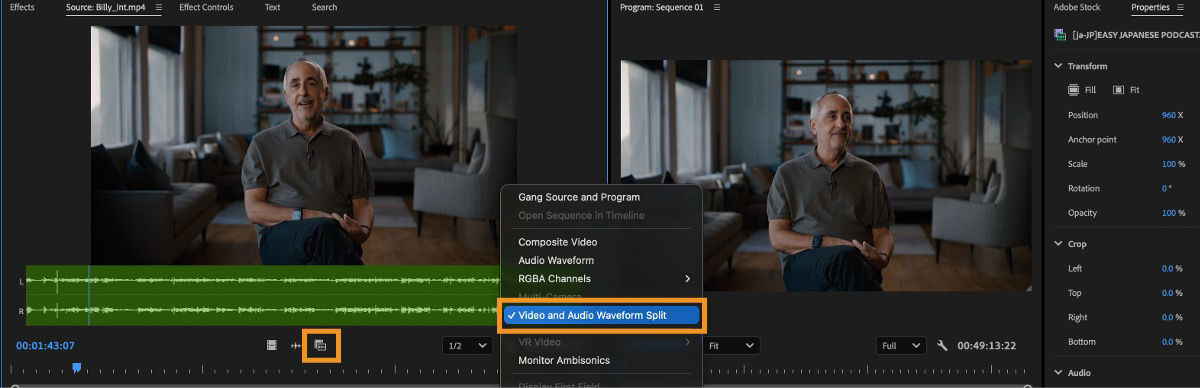 A screenshot of a computer

Source Monitor showing the Video and Audio Waveform Split option enabled and the Drag Audio and Video icon highlighted.