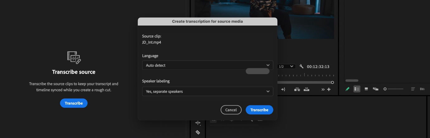 The Text panel, the Transcribe option is selected. The Create transcription for source media dialogue box is open and there are options to select the Language and Speaker labeling.