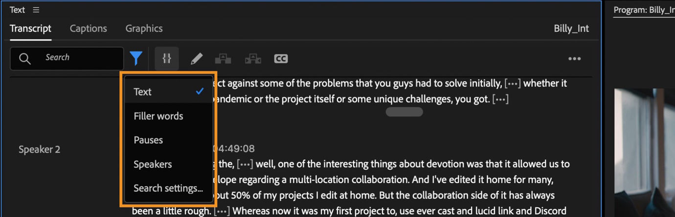The Transcript tab is open under the Text panel. The filter for the tab has options to look for Text, Filler words, Pauses, or Speakers.