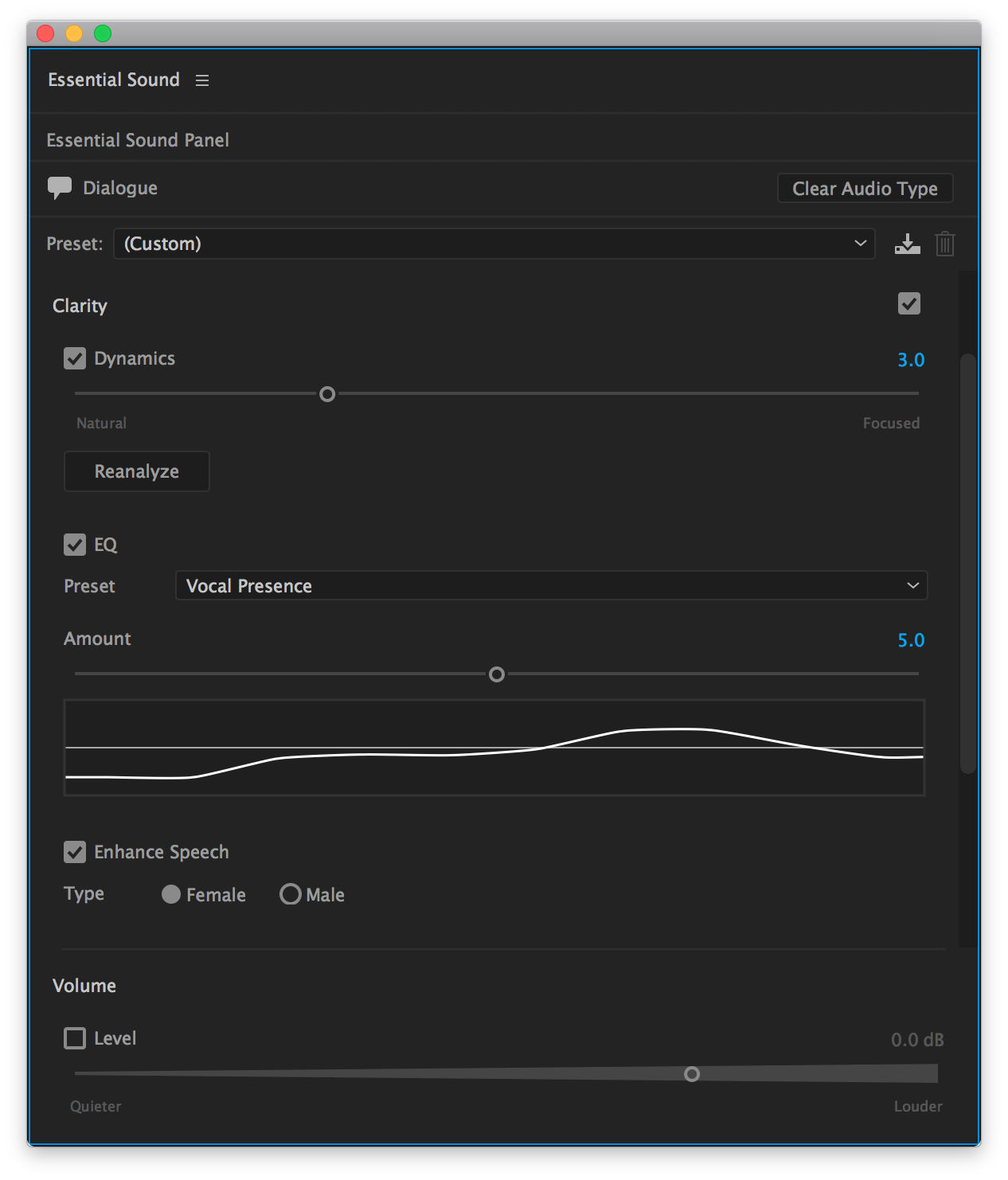 A screenshot of the Essential Sound panel with options to adjust Dialogue, Clarity, Enhance Speech, and Volume.