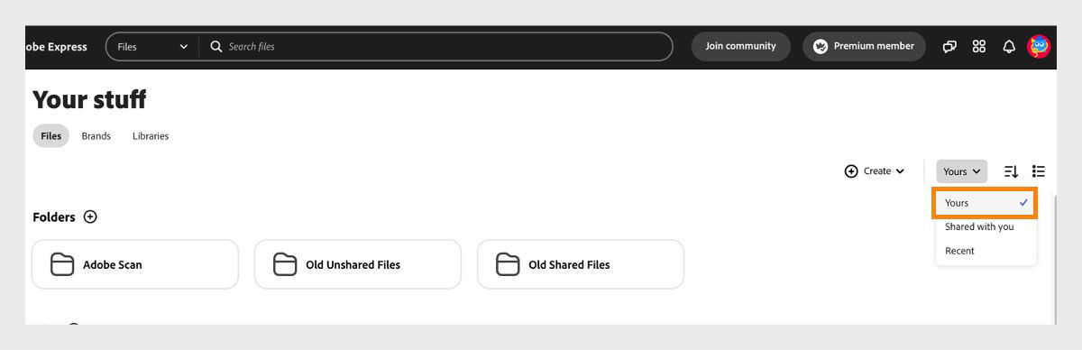 Your stuff panel is open in Adobe Express and the Files tab is open with the option of opening the files created by you.