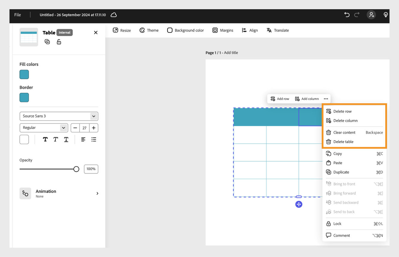 A table in Adobe Express with blue dashed borders and resize handles visible at the corners and sides, showing how to adjust the table size proportionally.