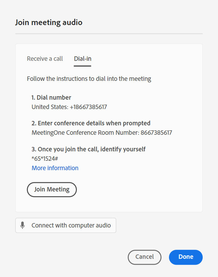 Join meeting audio pop-up window displaying the option to receive a call