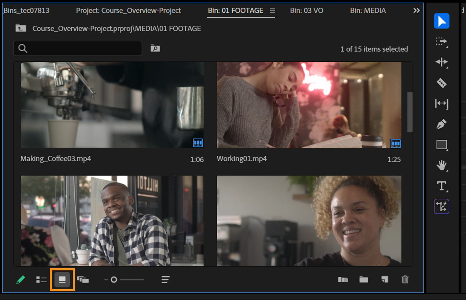 The panel shows media as thumbnails in Icon View, with a highlighted icon that lets users arrange and preview clips visually.