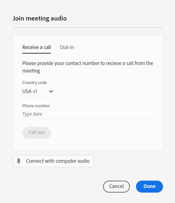 Join meeting audio pop-up window displaying the option to receive a call