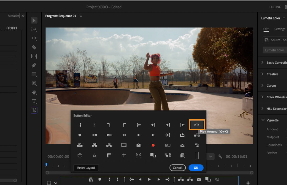 Button Editor dialog showing the Play Around icon that can be added to the Program Monitor toolbar.