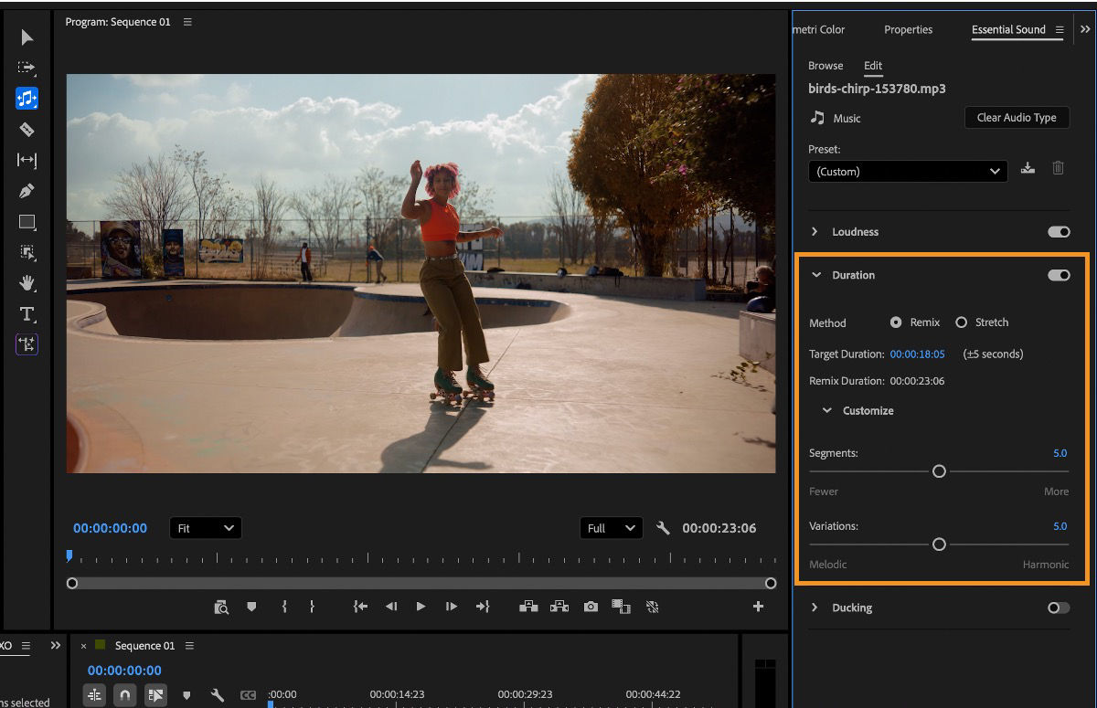 Essential Sound panel showing Duration controls with Remix enabled and options to adjust segments and variations.