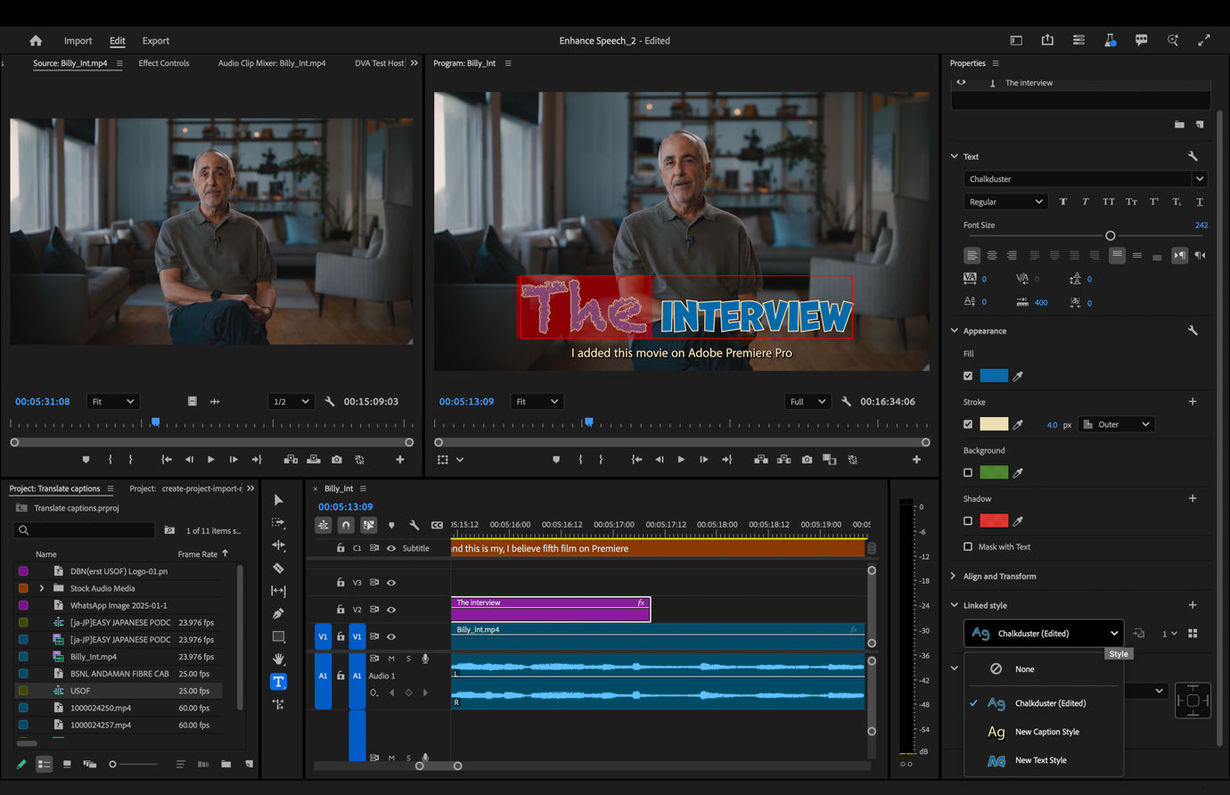 Partially styled text in the Program Monitor with “The” and “INTERVIEW” using different properties, shown alongside the Properties panel with font, color, and style settings applied to the selected text.