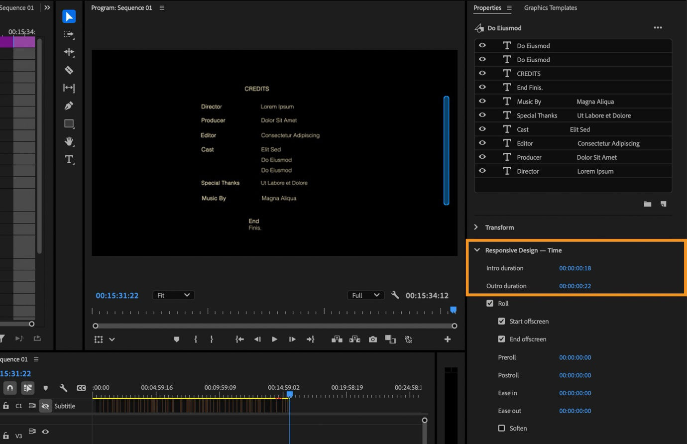 The Properties panel with Responsive Design — Time settings highlighted, showing intro and outro duration values defined for a credits graphic in the timeline.