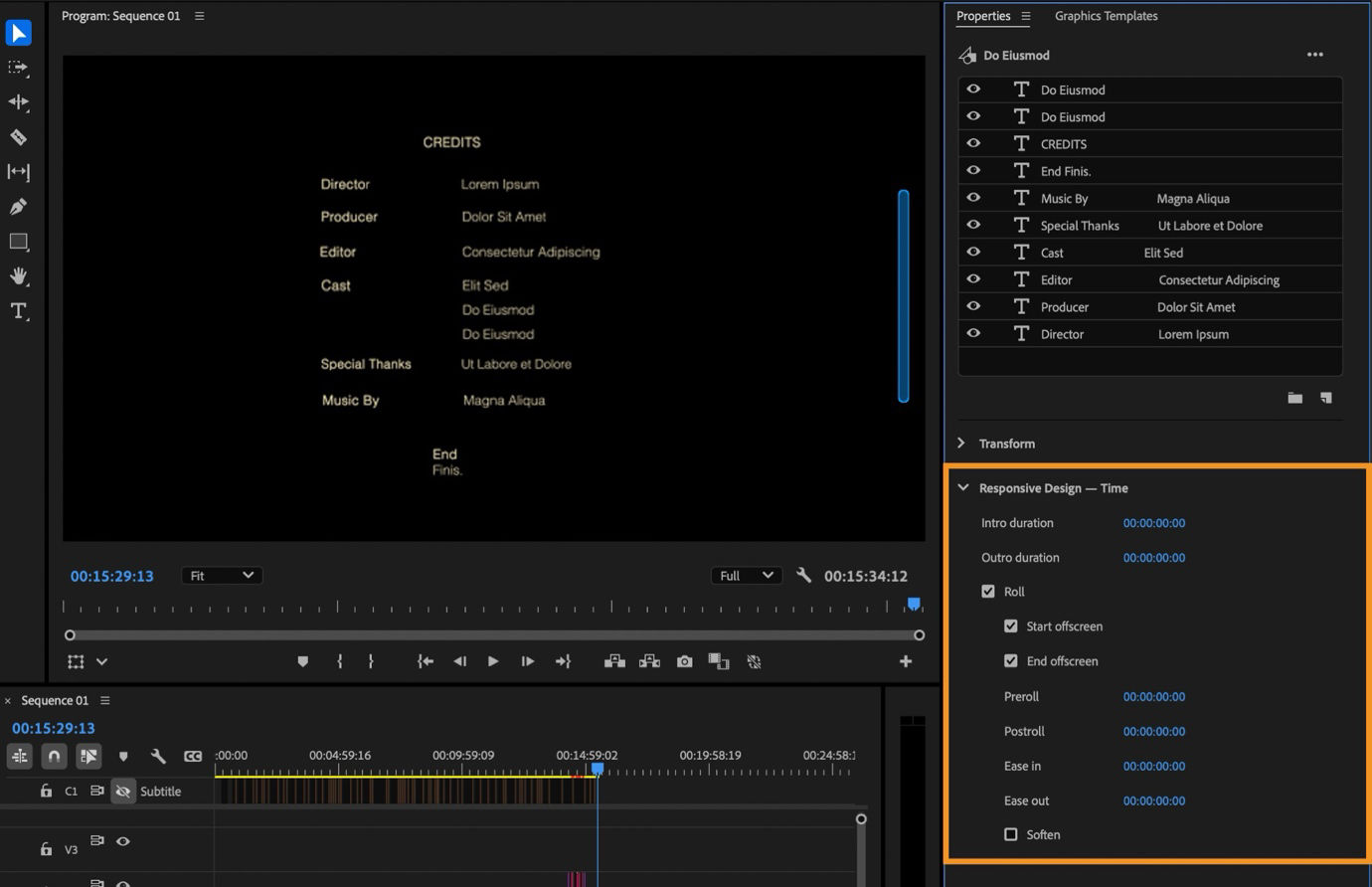 Credit roll displayed in the Program Monitor with the Properties panel showing Roll and timing settings like Preroll, Postroll, and Ease.