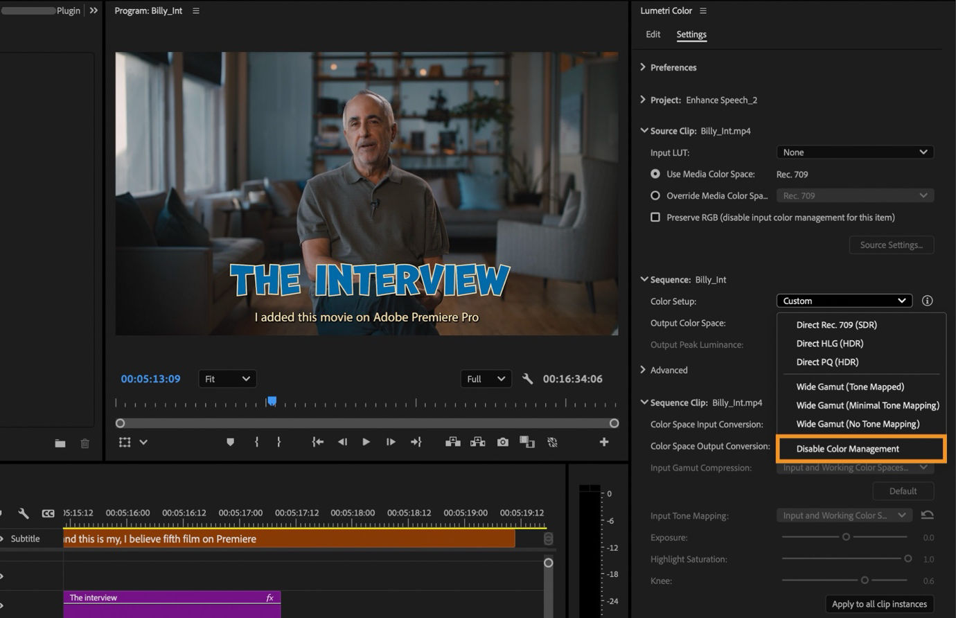 The Program Monitor is open with a preview of the sequence. The right panel shows color management settings, including options for color space, output color space, and advanced color management features.