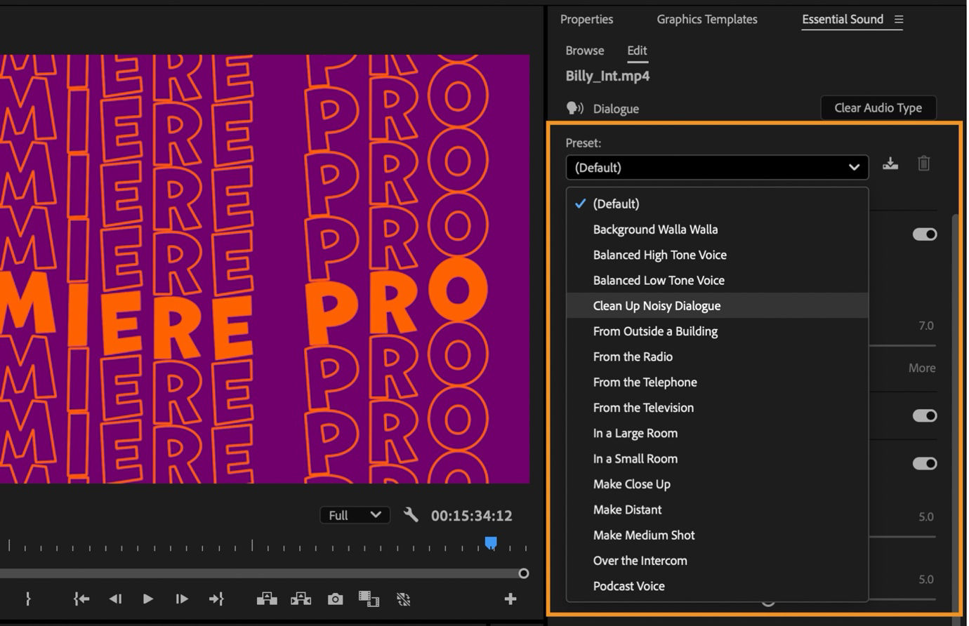 Essential Sound panel in Premiere Pro showing the Preset dropdown menu with various audio preset options.