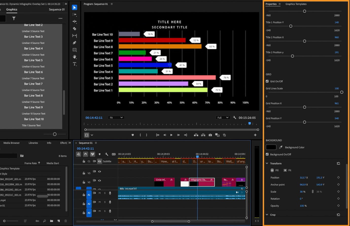 Bar chart Motion Graphics template with editable layout, grid, and background settings highlighted in the Properties panel.