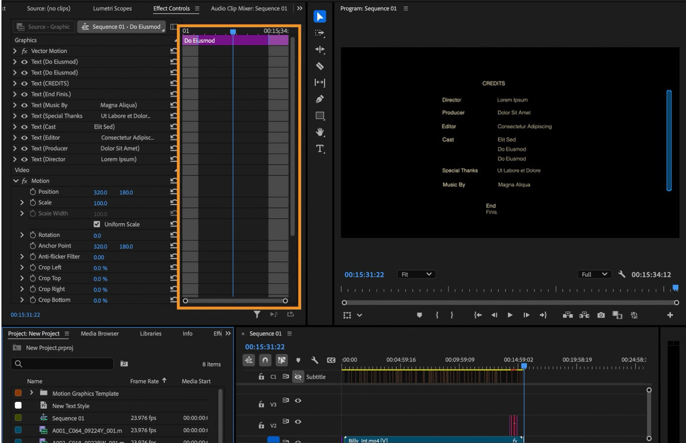 Effects Control panel where you can define intro and outros for your graphics highlighted in the panel.