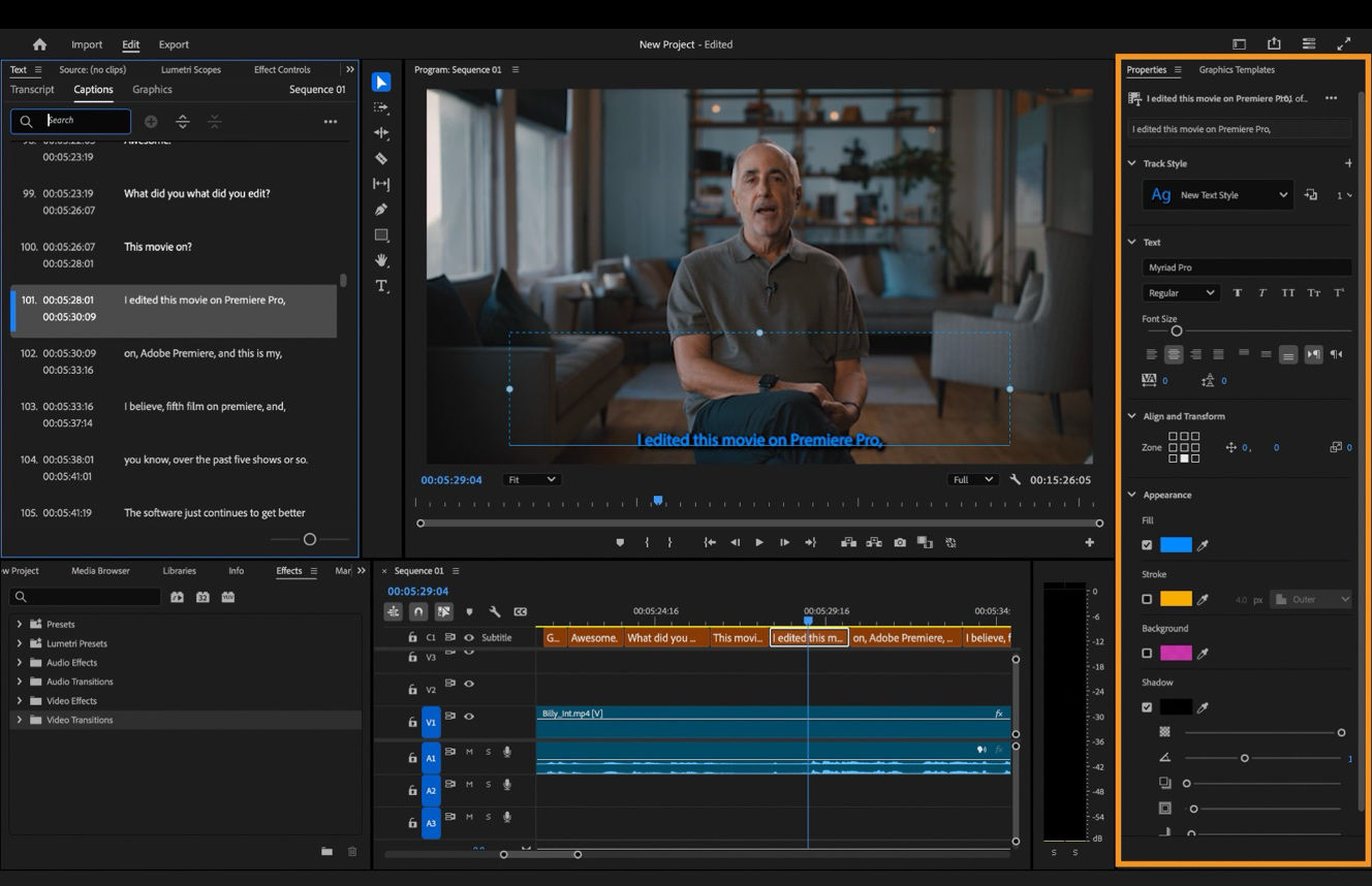 The Properties panel in Premiere Pro showing options to adjust text appearance, such as font, color, stroke, shadow, and alignment.