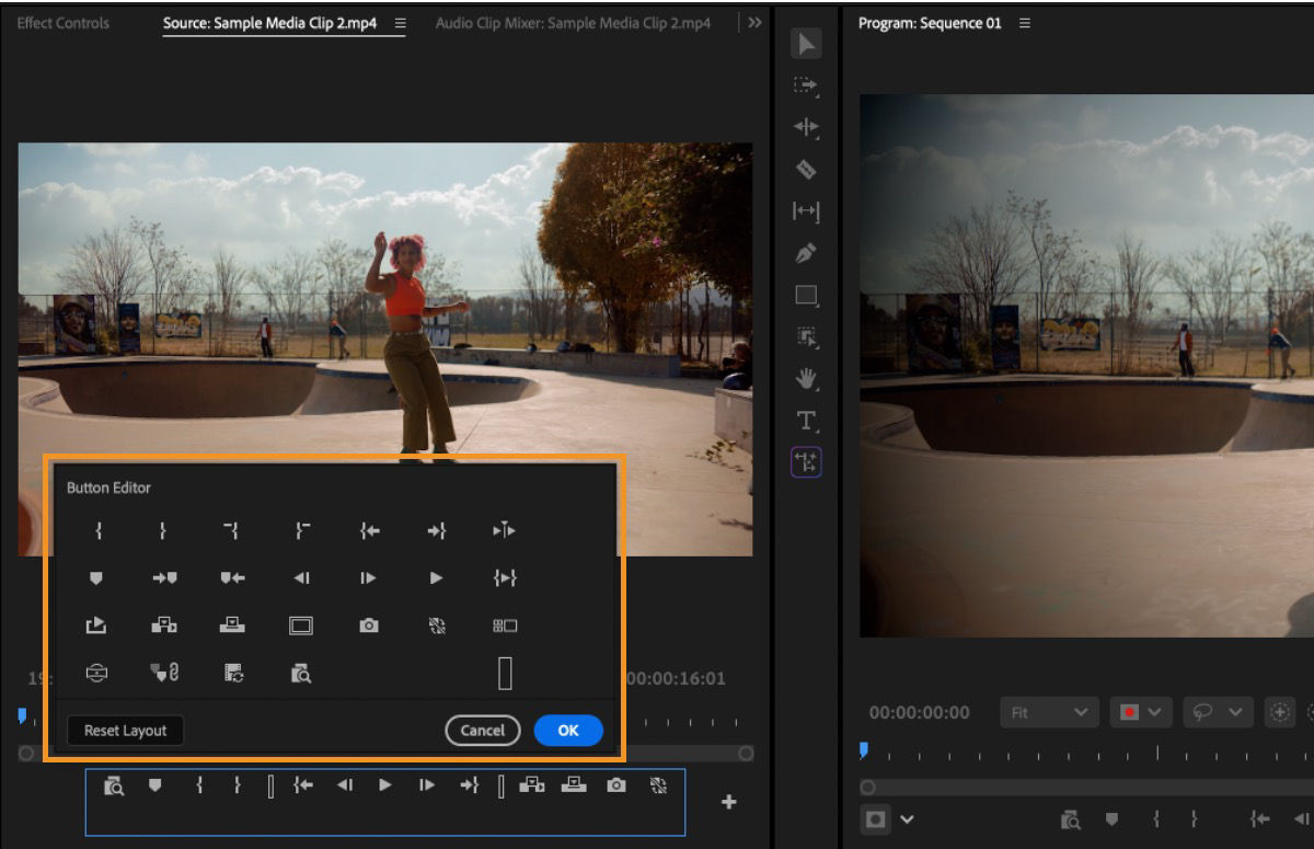 Button Editor dialog showing playback control icons that can be added to the Source Monitor toolbar.