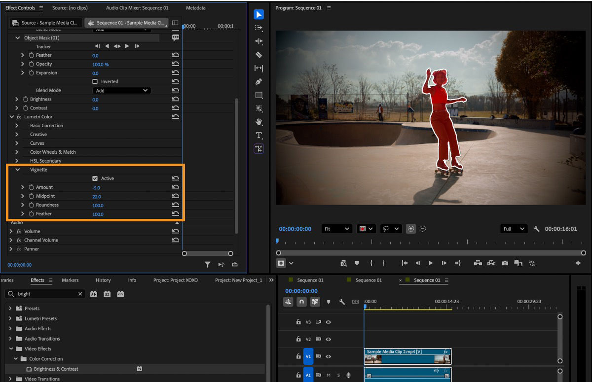 Effect Controls panel showing Vignette settings with a masked subject highlighted in the Program Monitor.