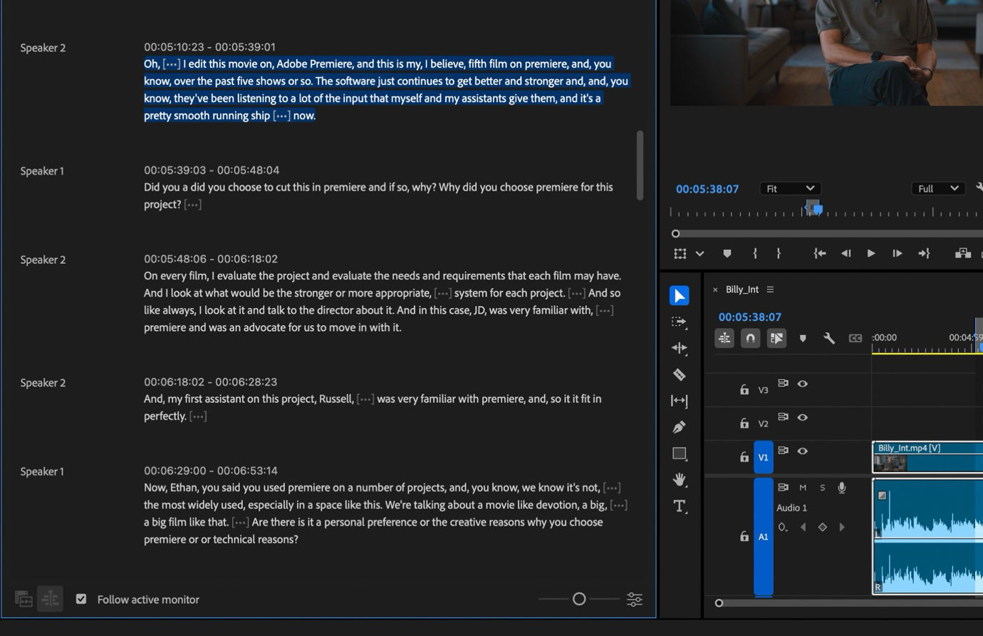 The Transcript tab shows the sequence transcript. It has speakers listed with time stamps and can be used to as a navigation tool or to perform edits on your sequence.