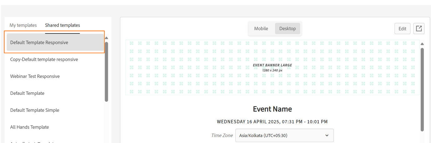 Event templates showing the list of shared templates