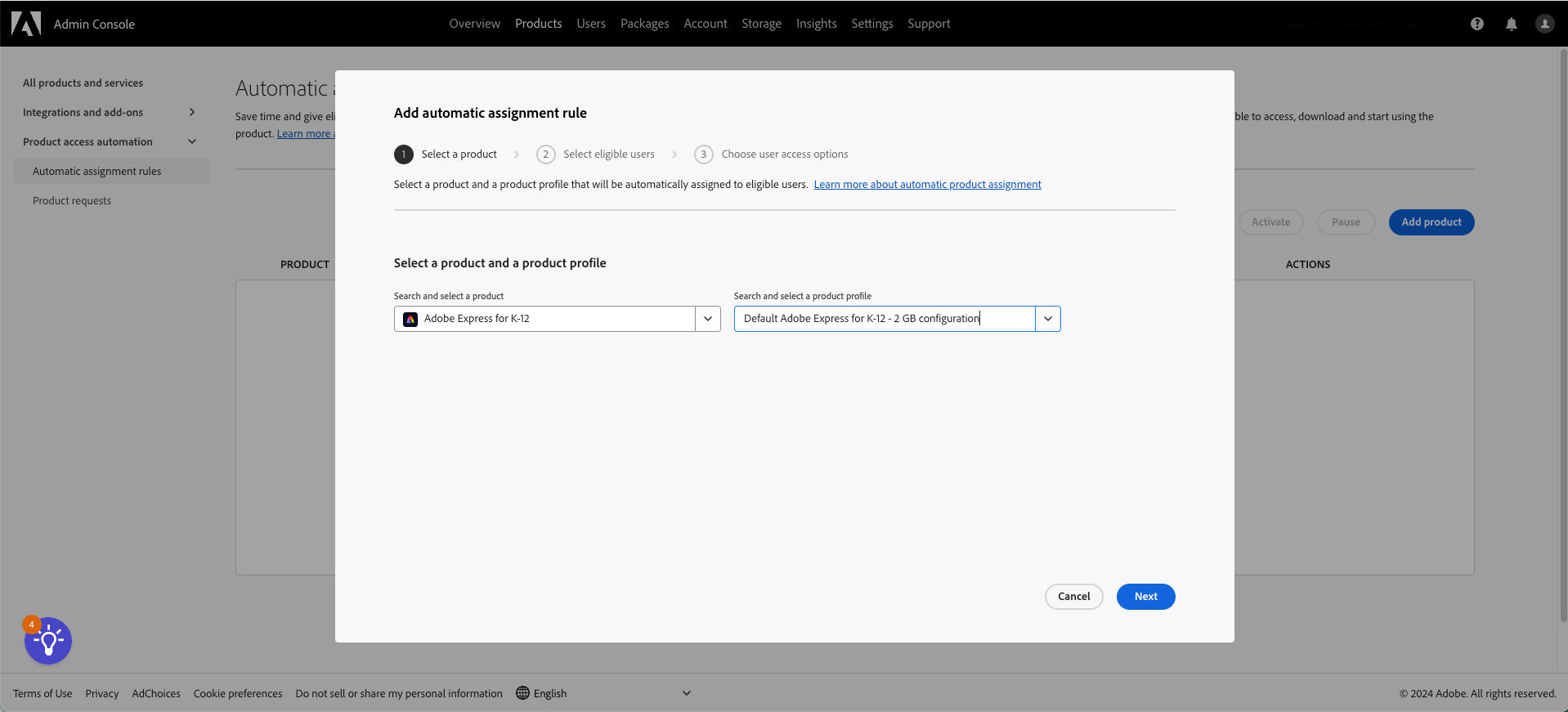 A screenshot of creating a product access rule by selecting a product and a product profile.