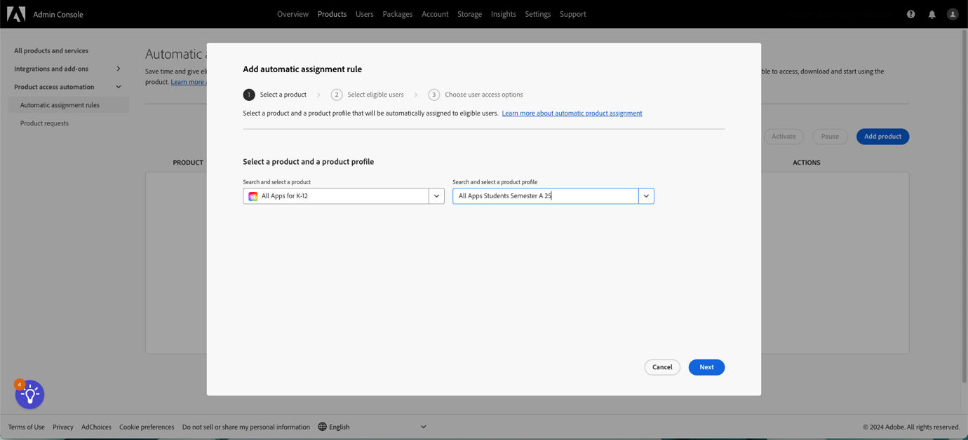 A screenshot of creating a product assignment rule with All Apps for K-12 and Alll Apps Students Semester A 25 selected