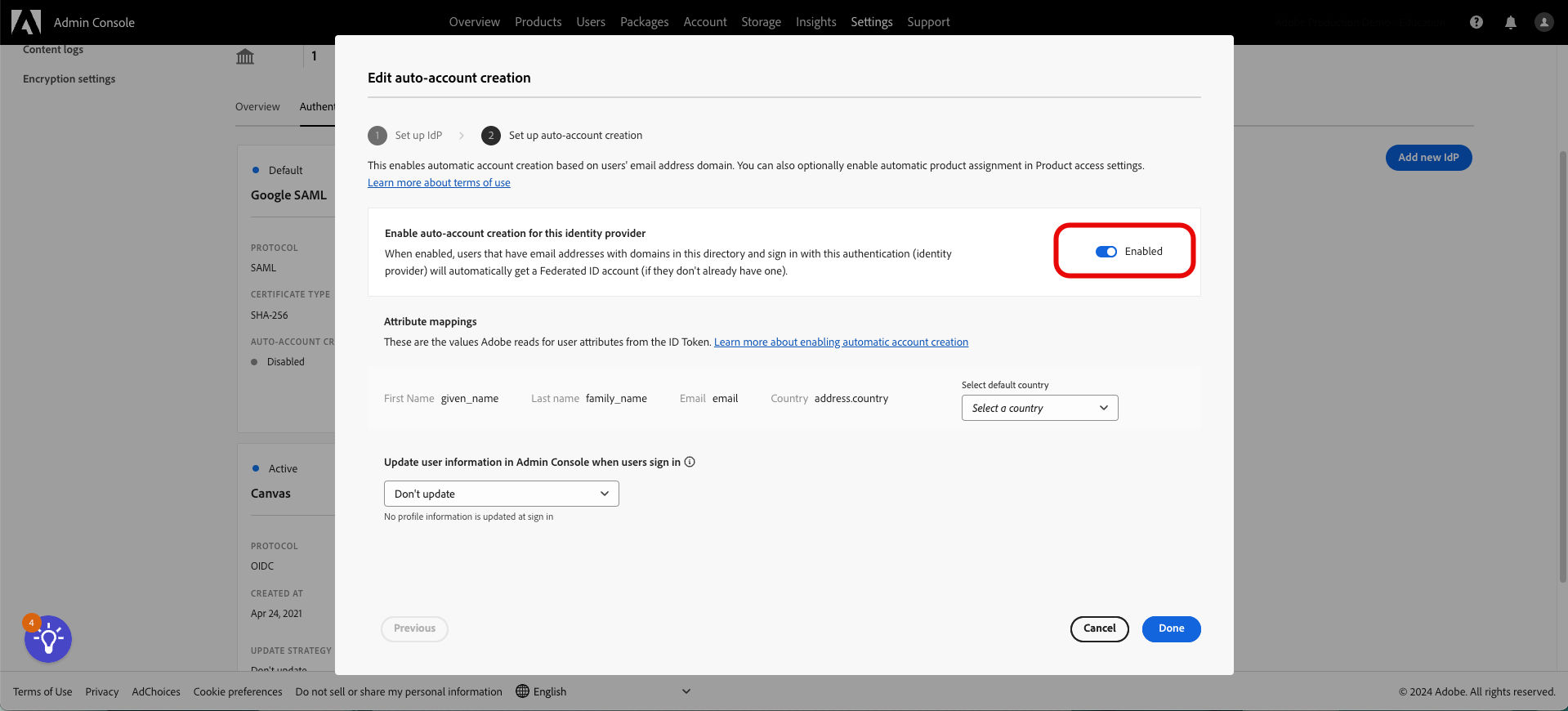 A screenshot of the Adobe Admin Console directory confirmation screen highlighting auto-account creation enabled.