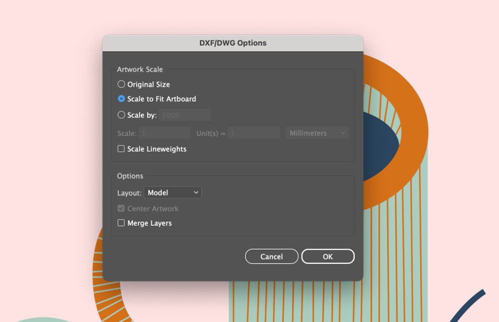 A screenshot of the Adobe Illustrator DXF/DWG Options dialog box, showing settings for Artwork Scale and Layout options.