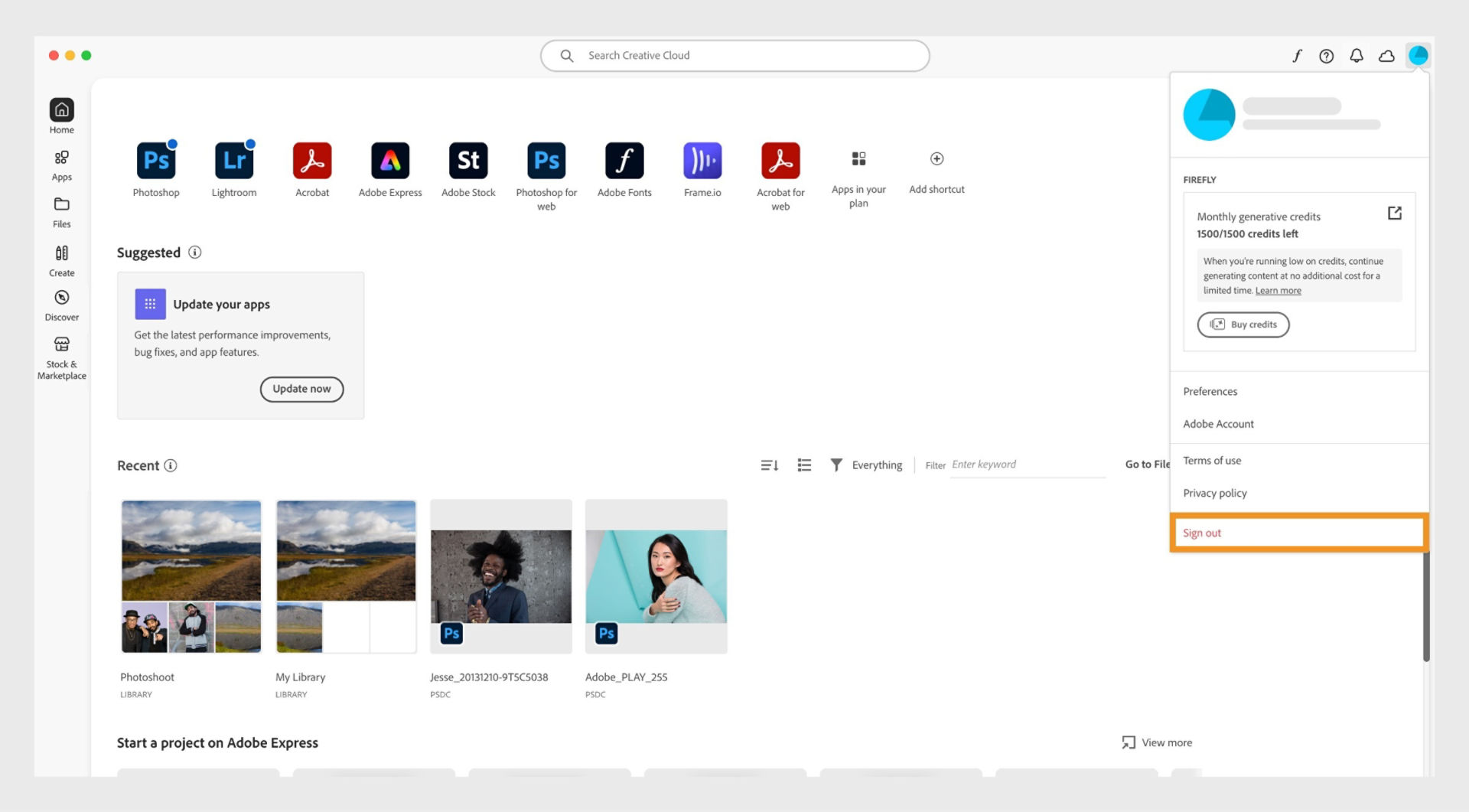 The Creative Cloud desktop app shows the option to sign out of your Adobe account.