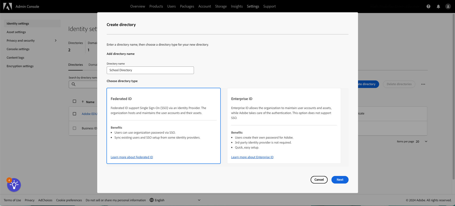 A screenshot of the Create Directory wizard with a text box for the name of the directory and two cards one for Federated ID and the other for Enterprise ID. The Federated ID card is selected.