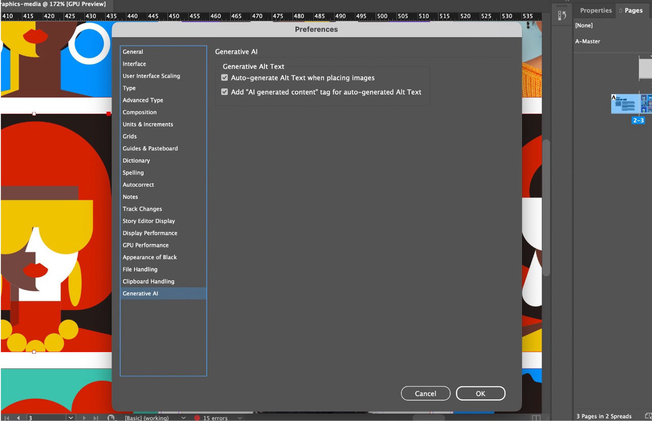 A screenshot of the Generative AI tab in the Preferences panel showing the Generative Alt Text options.