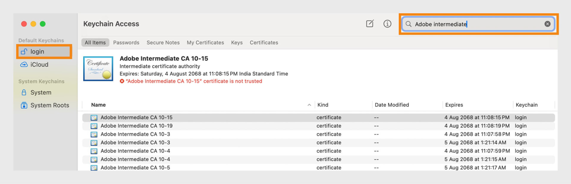 A screenshot of the Keychain Access application listing details of certificates and associated keychains.