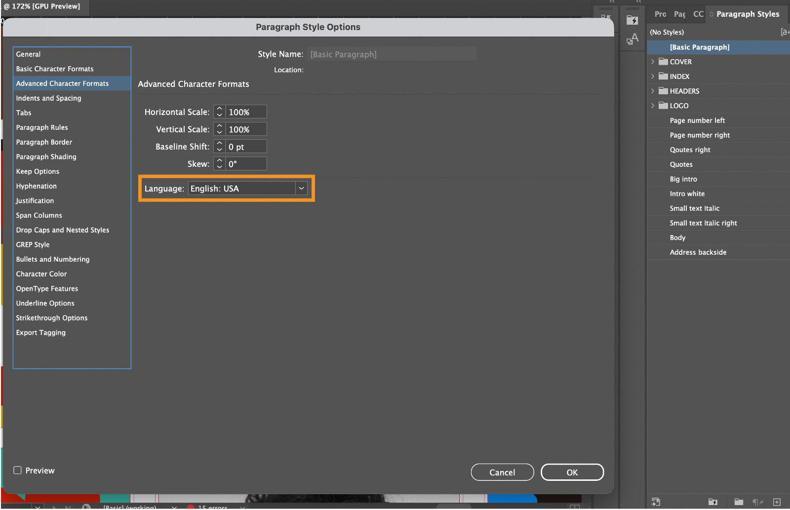 A screenshot of the Paragraph Style Options of the [Basic Paragraph] style, highlighting the Language.