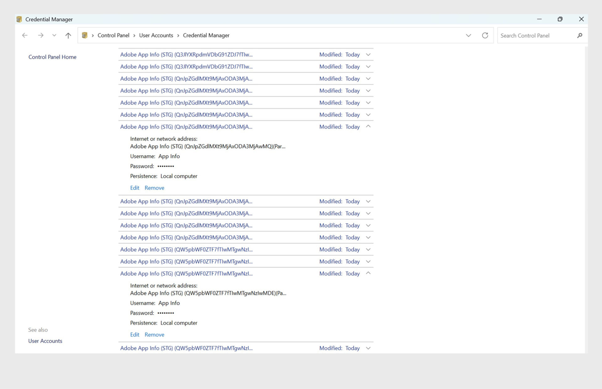 A screenshot of the Windows Control Panel Credential Manager to remove all certificates starting with Adobe User and Adobe App.