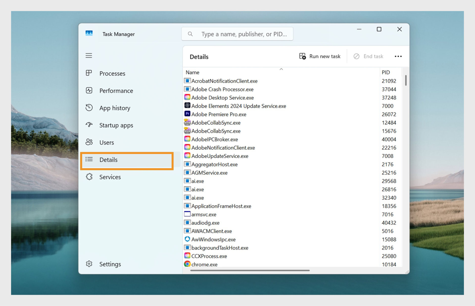 A screenshot of the Windows Task Manager in the Details tab, showing a list of running processes. 