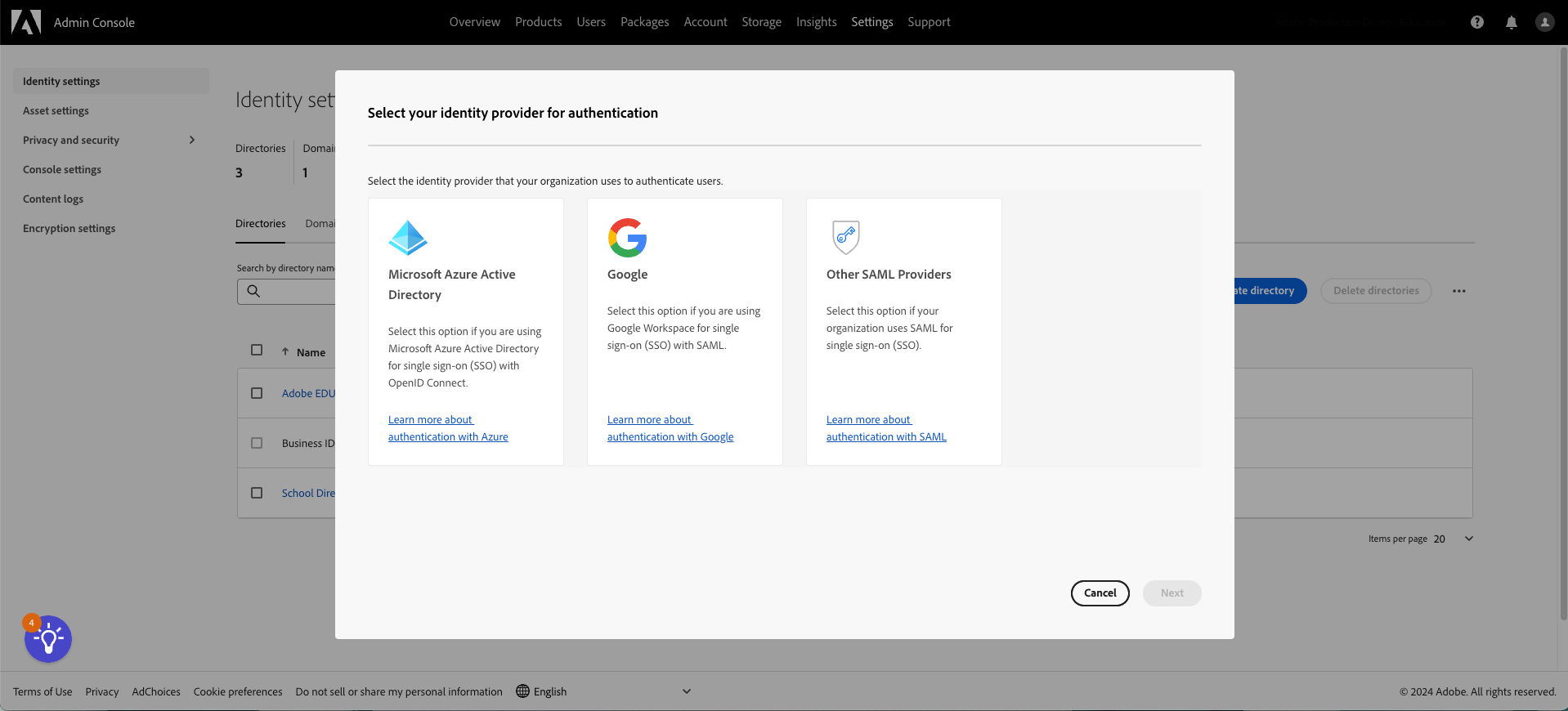 A screenshot of the create federated directory wizard displaying the options for Azure, Google and Other SAML