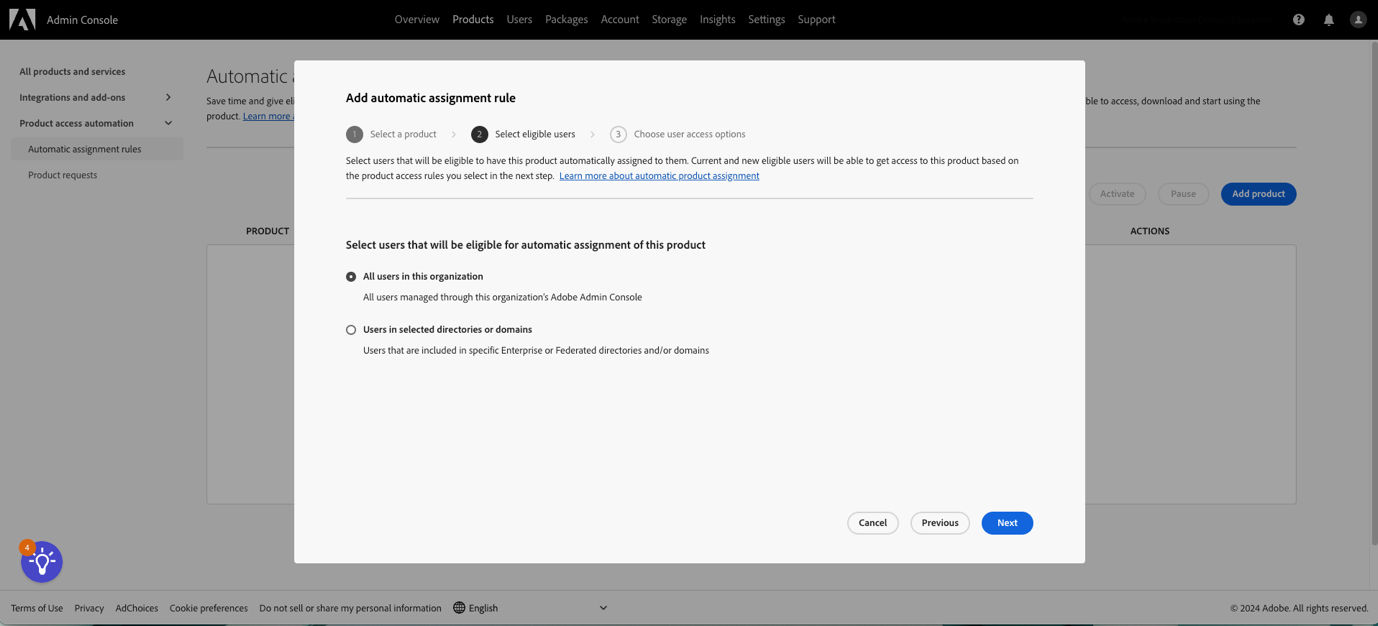 A screenshot of the product assignment wizard with all users in the organisation selected. The other option is for users in selected directories or domains.