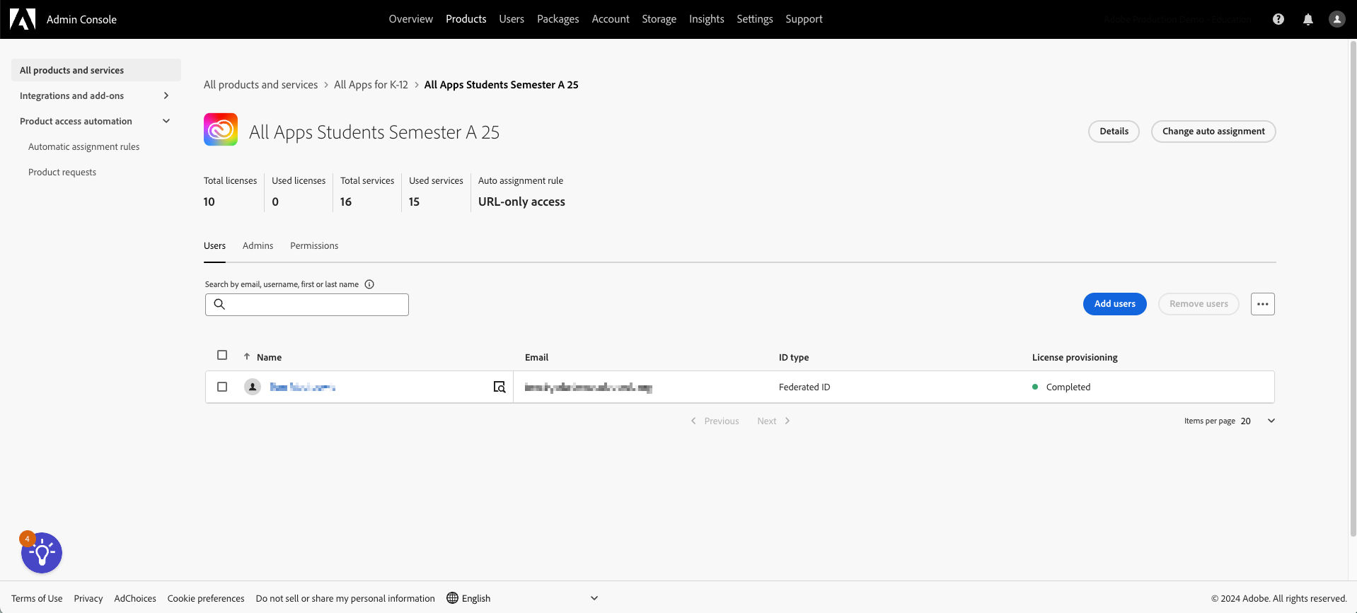 A screenshot of the product profile showing the users that are licensed by this profile. 