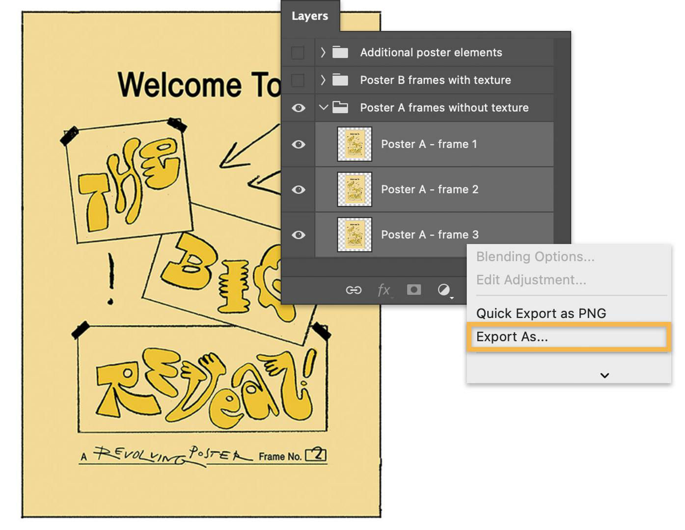 A screenshot of the same poster shown in Step 1, alongside a Photoshop Layers panel showing users how to export selected Layers as jpg files.