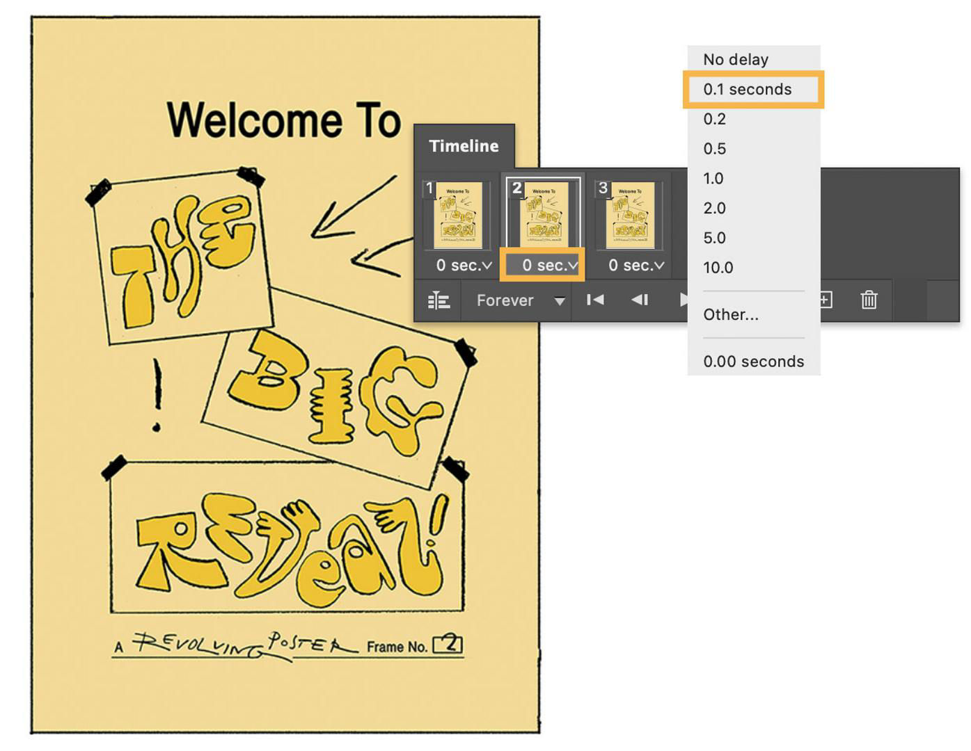 A screenshot of the same poster shown in Steps 1 and 2, alongside Photoshop's Timeline tool, showing users how to set time durations on each frame.