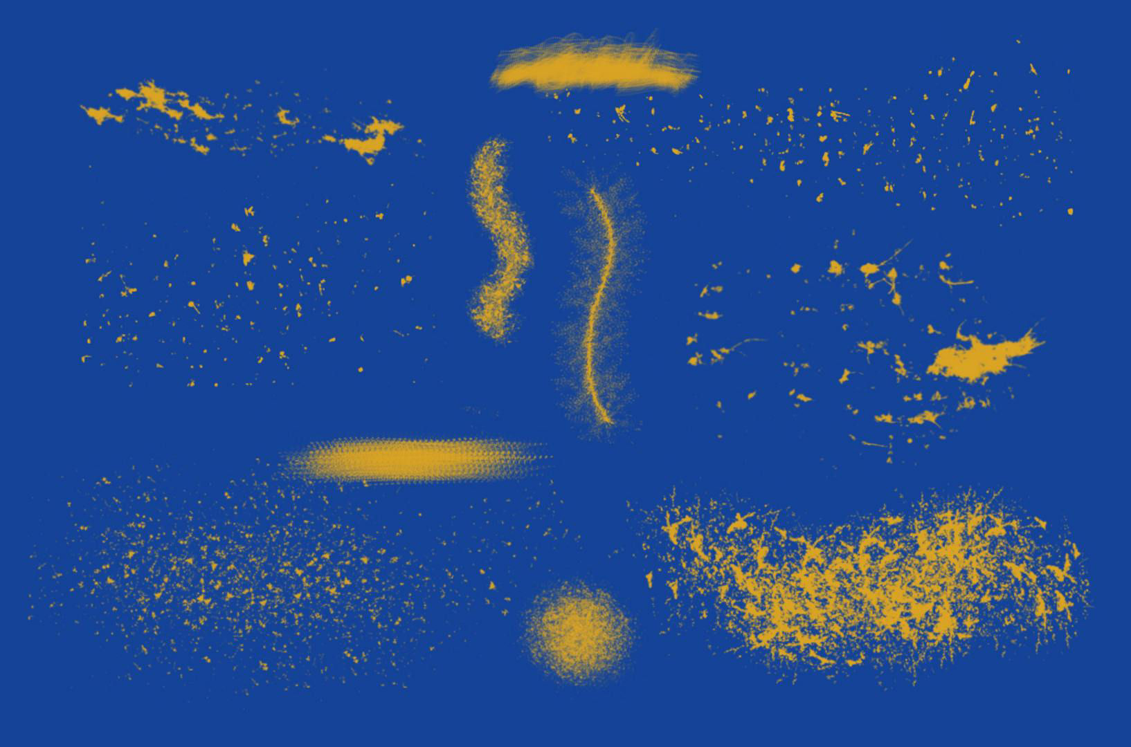 A series of dust brush examples in yellow are displayed on a blue background.