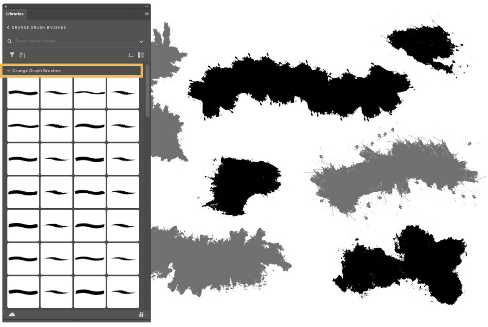 A series of grunge brush examples are shown on a Photoshop artboard. The Libraries panel is displayed in front of the artboard, and the Grunge Grush Brushes set is displayed.