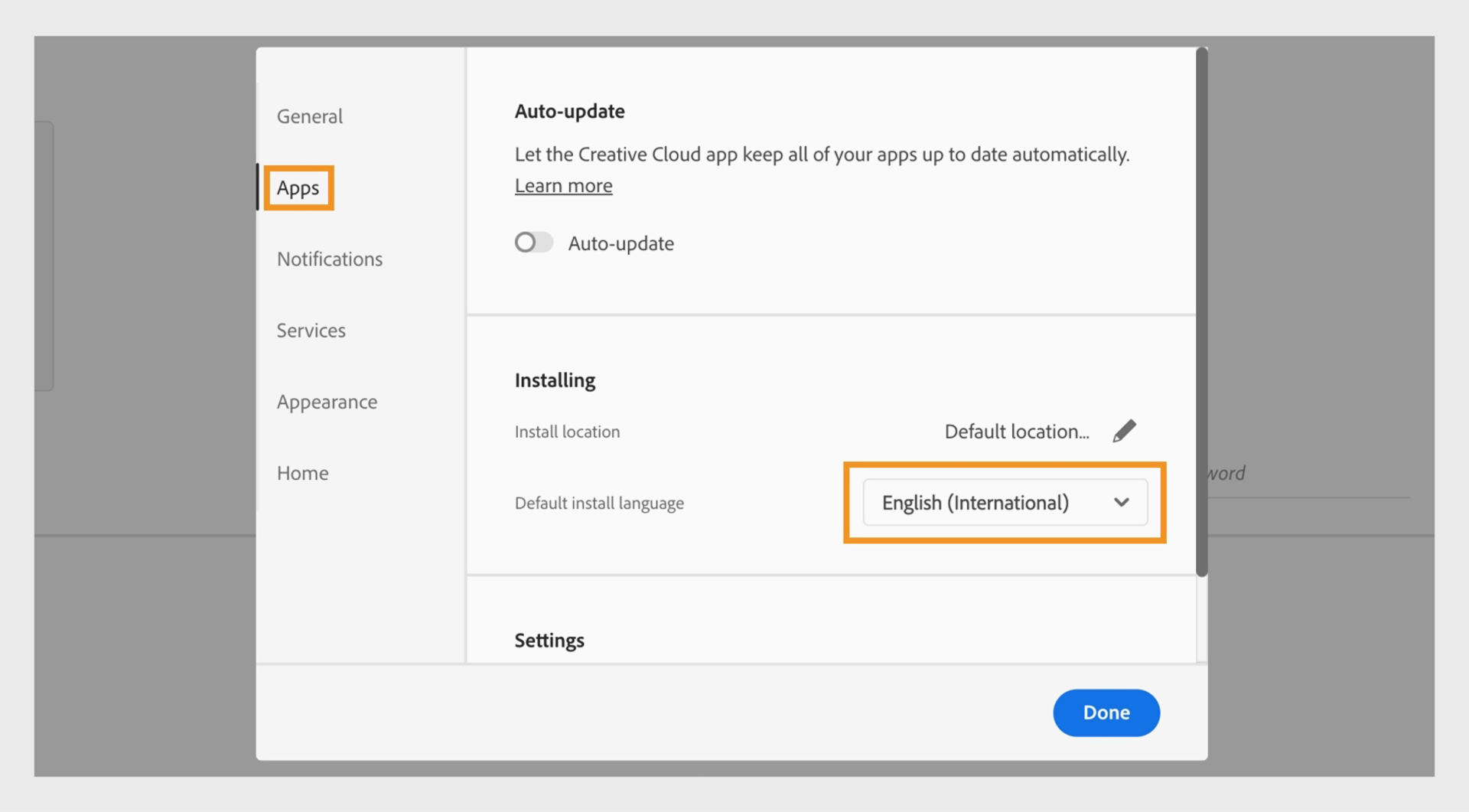 A settings window displaying options to change the install location and configure auto-update settings.