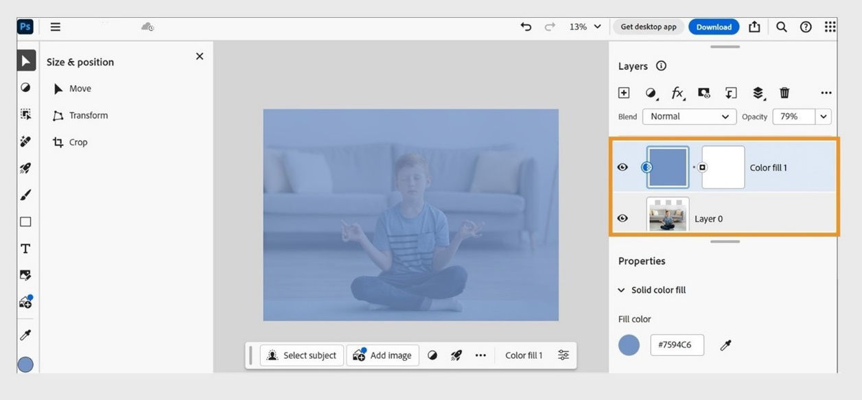A Solid color fill layer has been added to the Layers panel. It can be further adjusted according to requirements.