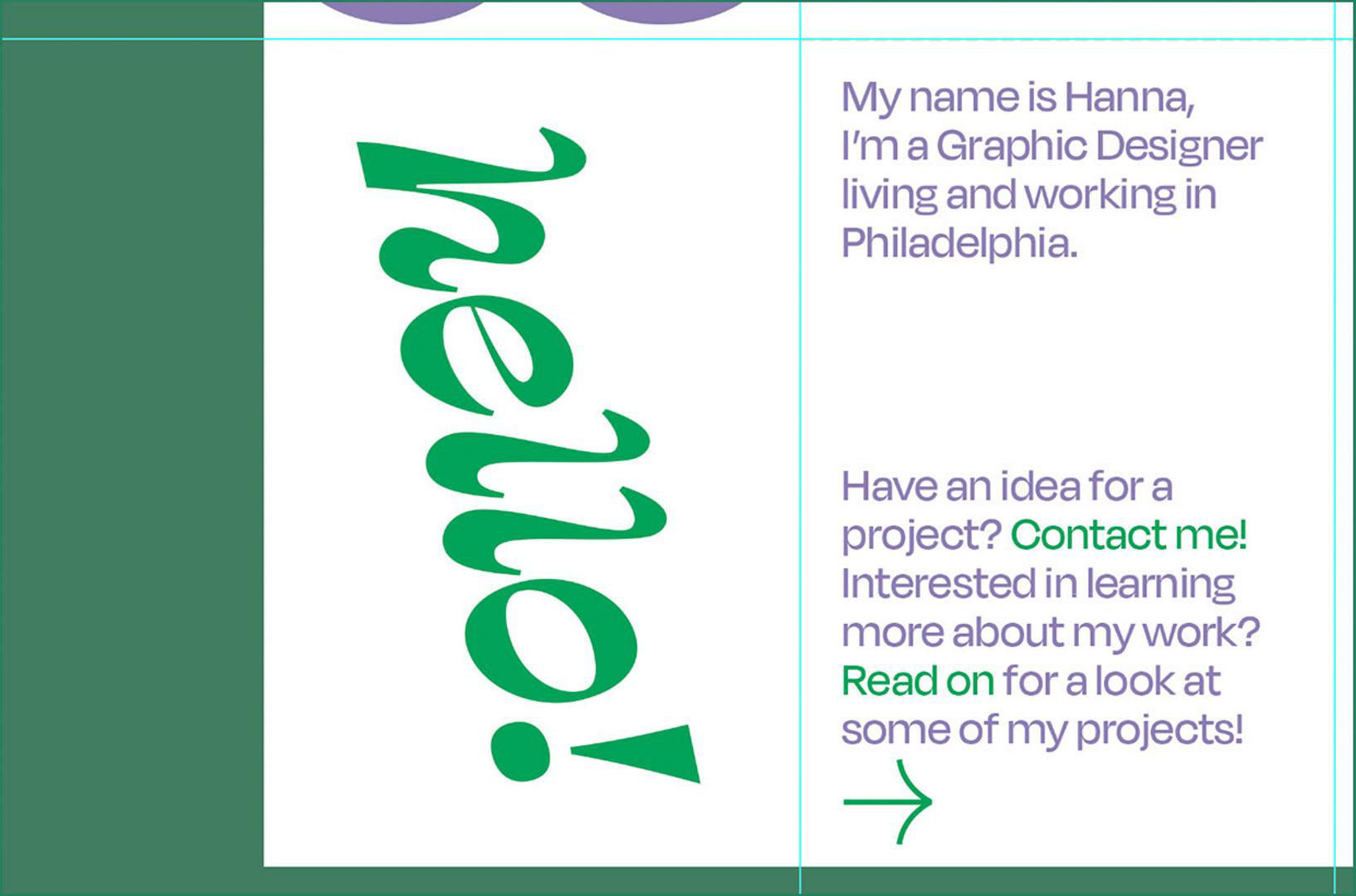 A spread of the zine demonstrating the use of large, full page text reading “hello!” is displayed alongside a page of text broken up by generous white space.