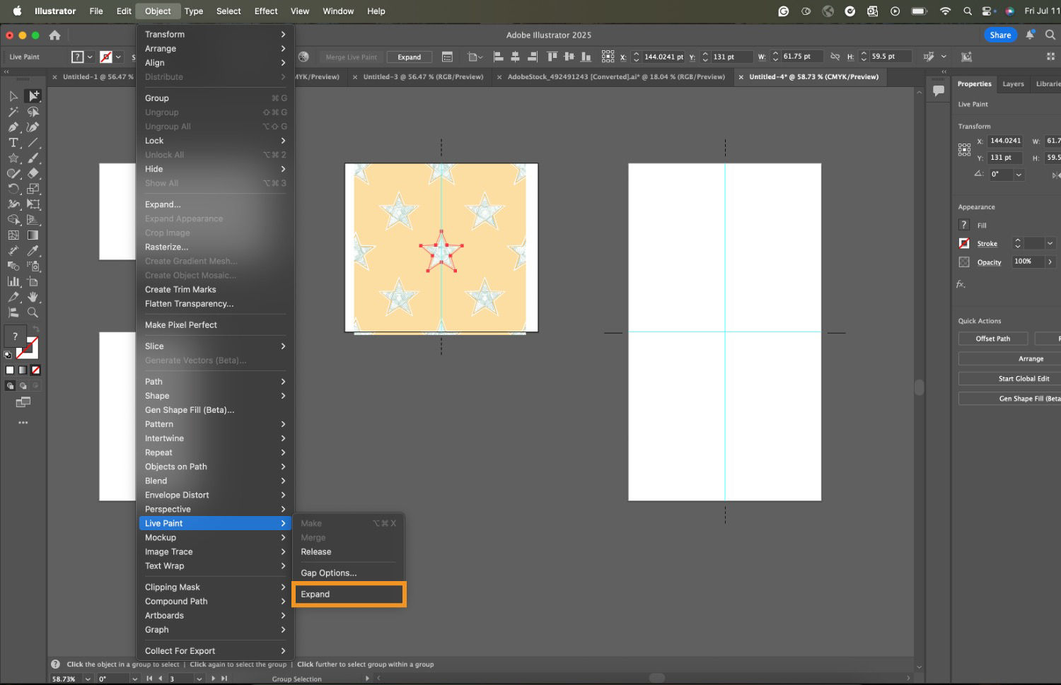 A star-shaped pattern is drawn over the Illustrator UI, where the Expand option is highlighted under Object and then the Live Paint menu. 
