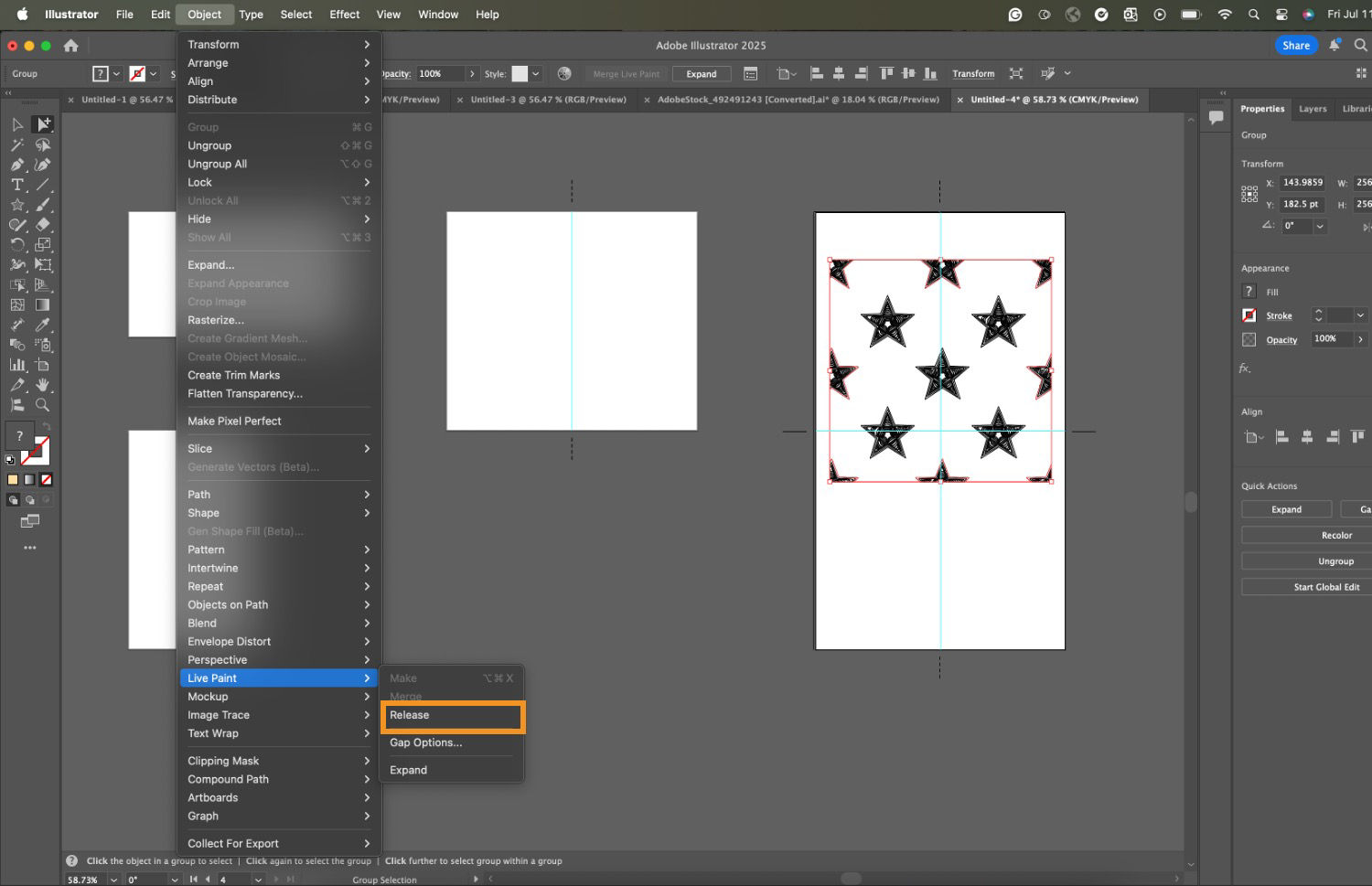 A star-shaped pattern is drawn over the Illustrator UI where the Release option is highlighted under Object, and then the Live Paint menu.