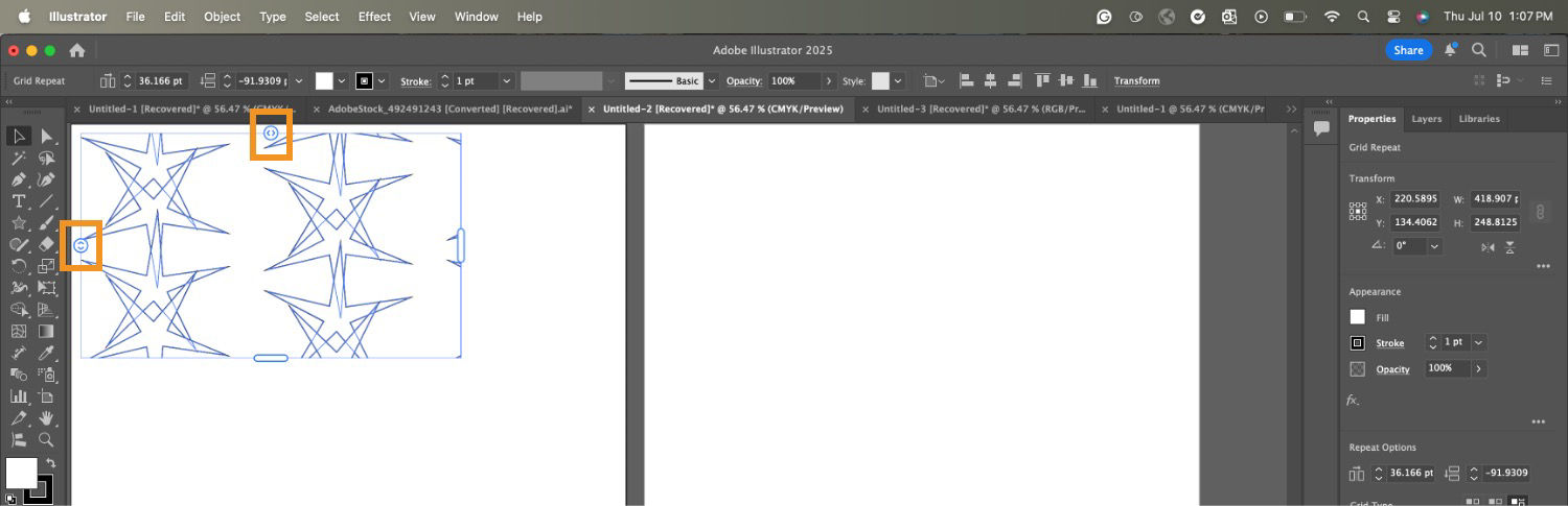 A star-shaped repeated pattern is drawn on the artboard of Adobe Illustrator, where the horizontal and vertical sliders are highlighted.