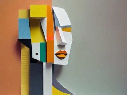 A three-dimensional artwork of a stylized human face. It's composed of various geometric shapes and blocks of color, including yellow, blue, orange, white, and gray.